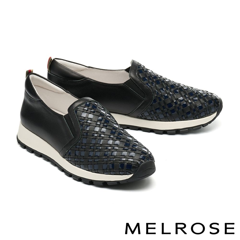 休閒鞋 MELROSE 美樂斯 率性潮感異材質編織牛皮厚底休閒鞋－黑