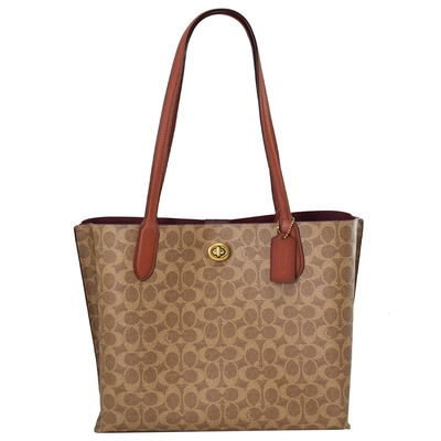 COACH  WILLOW 金屬LOGO品牌印花荔枝皮革三層大托特包(駝/磚紅)