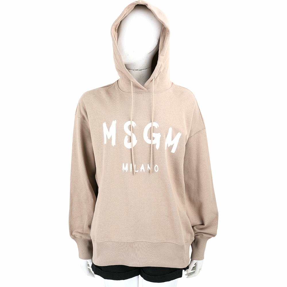 MSGM 塗鴉字母毛圈襯裡卡其連帽棉質長袖運動衫 大學T(女款)