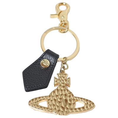 VIVIENNE WESTWOOD Hammered ORB KEYRING 義大利製行星LOGO 吊飾/鎖圈(金/黑色皮革)