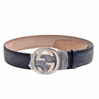 GUCCI 古馳 經典Guccissima GG壓紋銀釦牛皮腰帶/皮帶(深藍色)