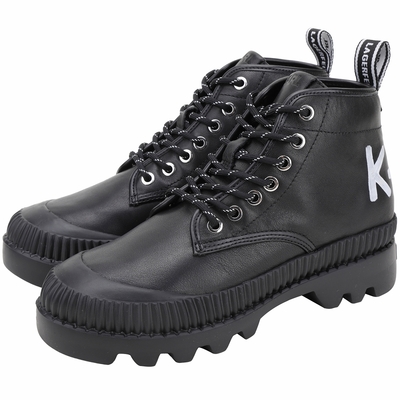 KARL LAGERFELD TREKKA 字母塗鴉牛皮繫帶短靴(黑色)