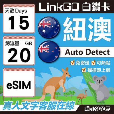 LINKGO白鑽卡 紐澳 eSIM卡 15天上網絡卡 總流量20GB 高速流量(紐澳網絡卡 紐西蘭 澳洲 虛擬卡)
