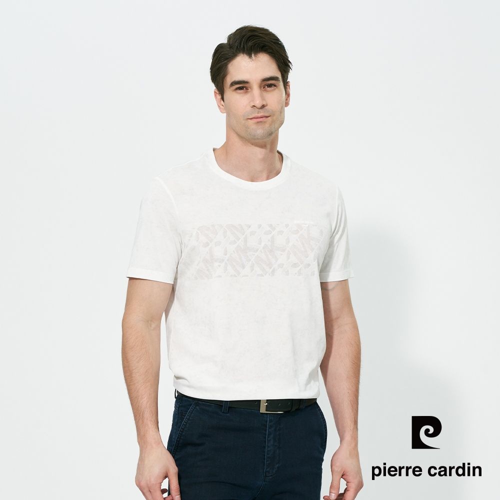 pierre cardin 皮爾卡登 男款 印花LOGO圓領短袖上衣-白色(5257281-90)