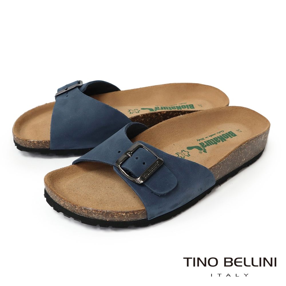 【TINO BELLINI 貝里尼】義大利進口 BIONATURA 腳床舒適鞋 真皮 飾扣造型 軟木軟底 拖鞋 FSQB002-4(藍色)