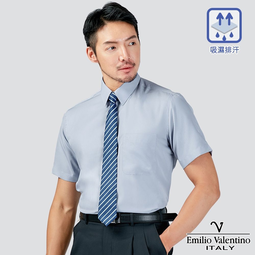 Emilio Valentino 范倫提諾吸濕排汗條紋短袖襯衫-三色任選 (灰)