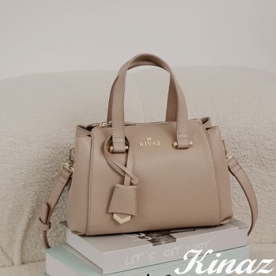 KINAZ 金色V型尾夾吊牌分層手提斜背波士頓包-暖光栗棕-V Line輕行系列