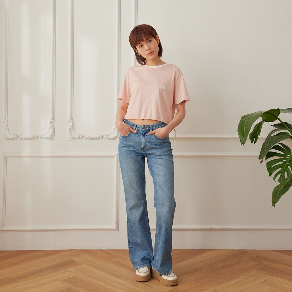 Lee 女款 季節性版型 LEE三角標抽繩短版短袖圓領TEE 兩色｜Modern (芭蕾粉)