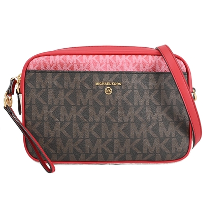 MICHAEL KORS Jet Set Charm 新版MK滿版印花撞色拉鍊斜背方包(深咖/紅)