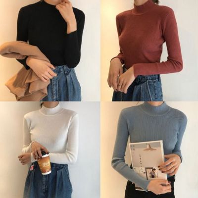 La Belleza立領半高領坑條針織內搭彈性打底上衣