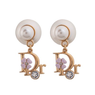 Dior  Tribales 雙珍珠垂墜幸運草D字母LOGO耳環(金色/粉色)