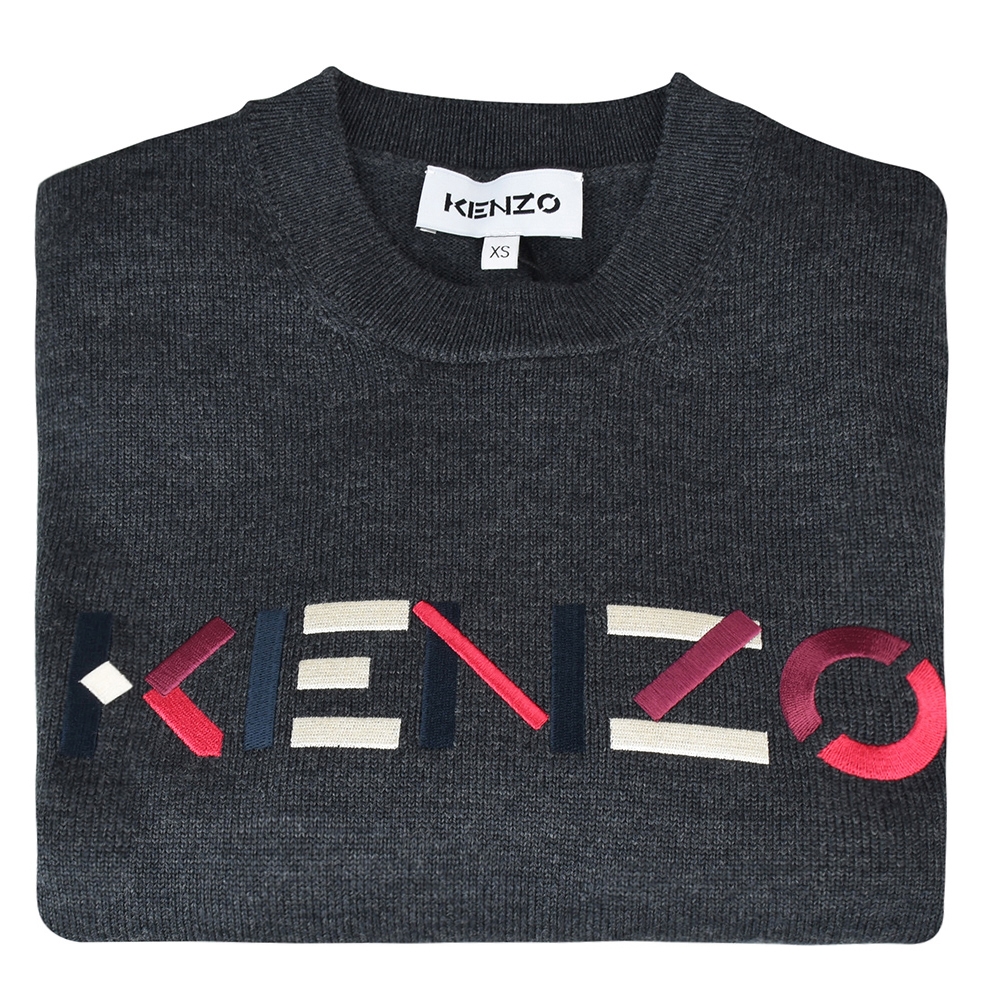 KENZO刺繡LOGO彩色字母設計羊毛長袖毛衣(女裝/深灰)