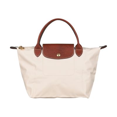 LONGCHAMP LE PLIAGE金屬刻印LOGO防潑水尼龍短把拉鍊手提水餃包(小/米紙)
