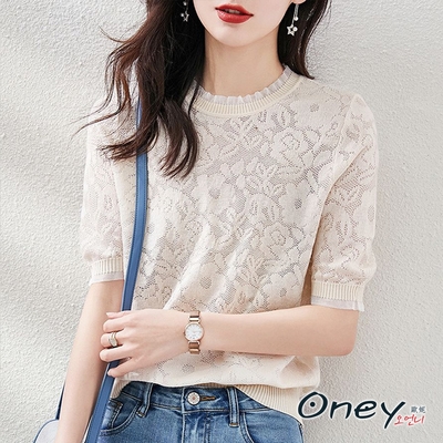 【LANNI 藍尼】現+預 純色優雅蕾絲領繡花針織衫(春夏/五分袖上衣/薄款針織/版型偏小)
