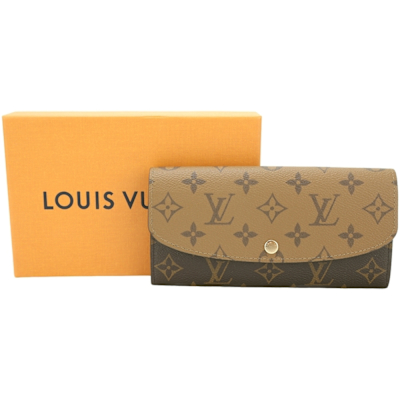 LOUIS VUITTON路易威登 Louis Vuitton LV路易威登 M82157 Emilie 雙色老花塗層帆布印花信封式長夾(黑內裡/咖啡色)