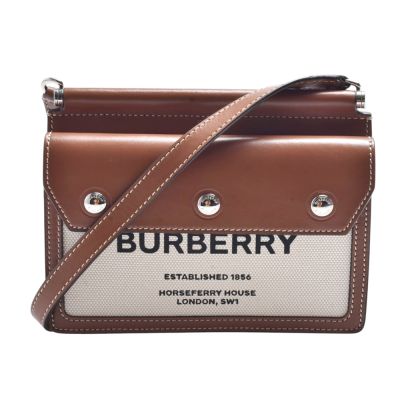 BURBERRY 經典品牌Horseferry系列牛皮拚帆布斜背包(米白/咖)