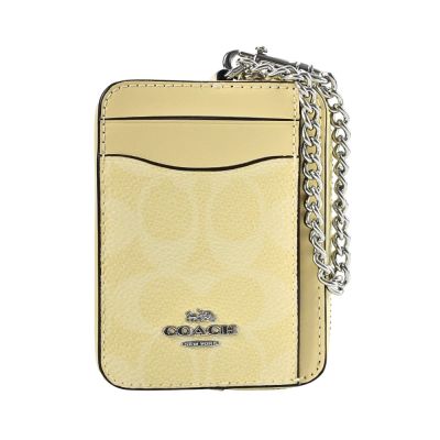 COACH  鵝黃色C LOGO PVC拼接奶油黃素面皮革鏈帶方型卡夾零錢包