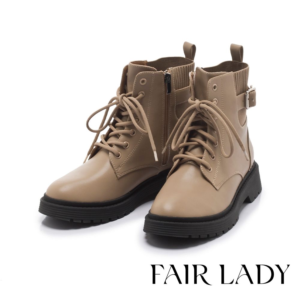 FAIR LADY 軟實力 綁帶造型織布厚底低筒軍靴 奶灰 (7B3099)
