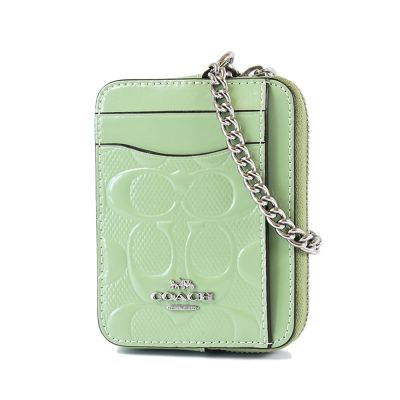 COACH 漆皮浮雕LOGO鍊帶證件零錢包-綠色