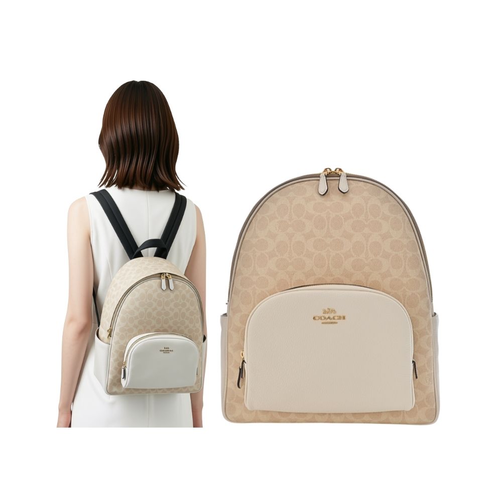 COACH 卡其C LOGO PVC拼接白堊色荔枝紋皮革拉鍊雙層多口袋後背包(大款)