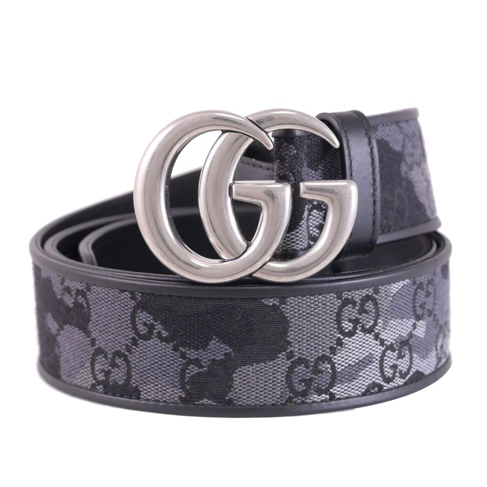 GUCCI GG Marmont 經典雙G帆布印花拼接皮帶(黑灰)