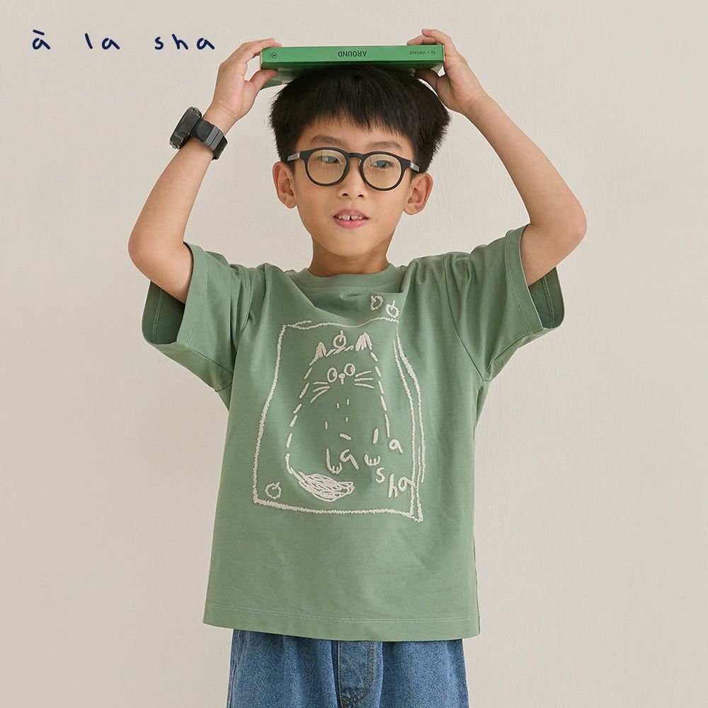 a la sha 親子裝 畫框miao繡花童裝棉T (綠)