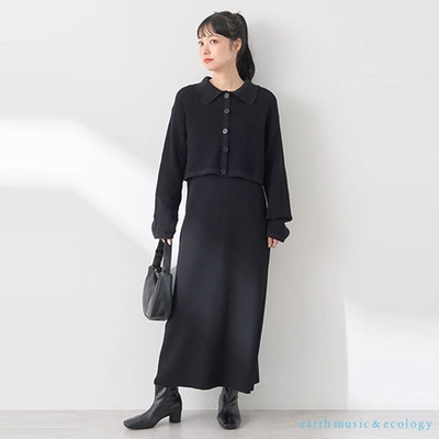 earth music  【SET ITEM】圓釦翻領短版針織罩衫+吊帶針織洋裝