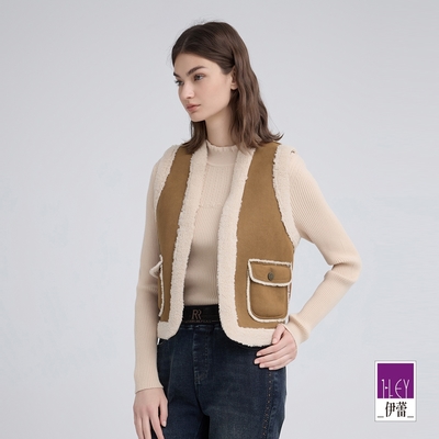 ILEY伊蕾 率性麂皮拼接羔毛不收邊背心(深咖；M-XL)