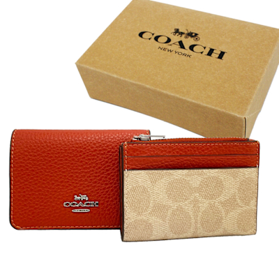 COACH 經典LOGO拉鍊零錢袋2合一短夾附禮盒(橘/卡其)