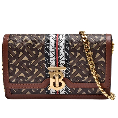 BURBERRY 巴寶莉 經典B LOGO帆布小牛皮掀蓋多夾層斜背包(咖啡色 展示品)
