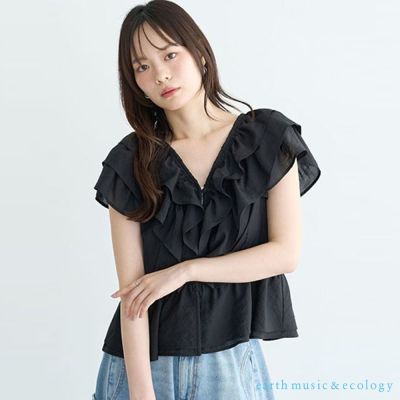 〔earth music〕層疊飄逸感荷葉邊V領短袖襯衫