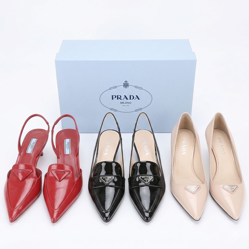 PRADA 普拉達 Patent / Spazzolato 三角牌牛皮尖頭鞋 穆勒鞋-多款可選 (漆皮中跟尖頭鞋5CM-杏色)