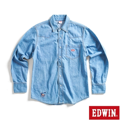 EDWIN 男裝 露營系列 刺繡LOGO長袖牛仔襯衫-石洗藍