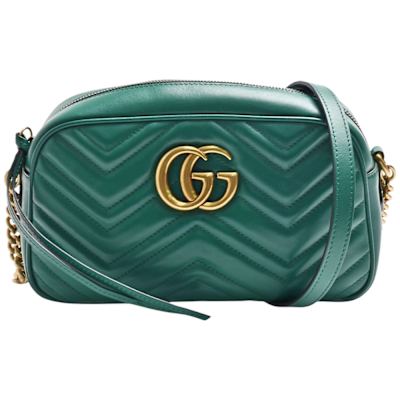 GUCCI 經典GG Marmont系列仿舊金色雙G LOGO牛皮山字車紋拉鍊肩背包(綠色)