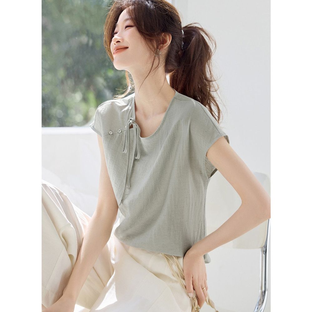 【ALLK 歐楷】新品上架 綁帶造型上衣 圖片色 尺寸L-XXL/中大尺碼/涼爽/透氣 (圖片色)