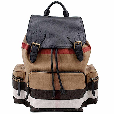 BURBERRY 巴寶莉 Rucksack Canvas 格紋拼皮革大型軍旅包(駝色/黑皮革)