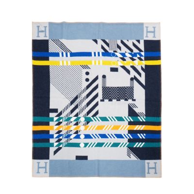 Hermes 愛馬仕 展示品 Avalon JumpH 緹花羊毛混紡雙面薄毛毯(黑/灰/淡藍)