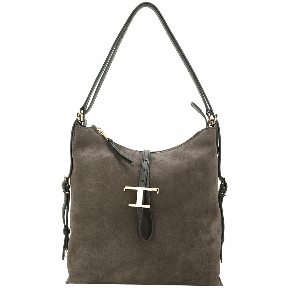 TOD S Timeless 小型 T字釦帶 麂皮拼牛皮2用肩背 後背包(咖啡色)