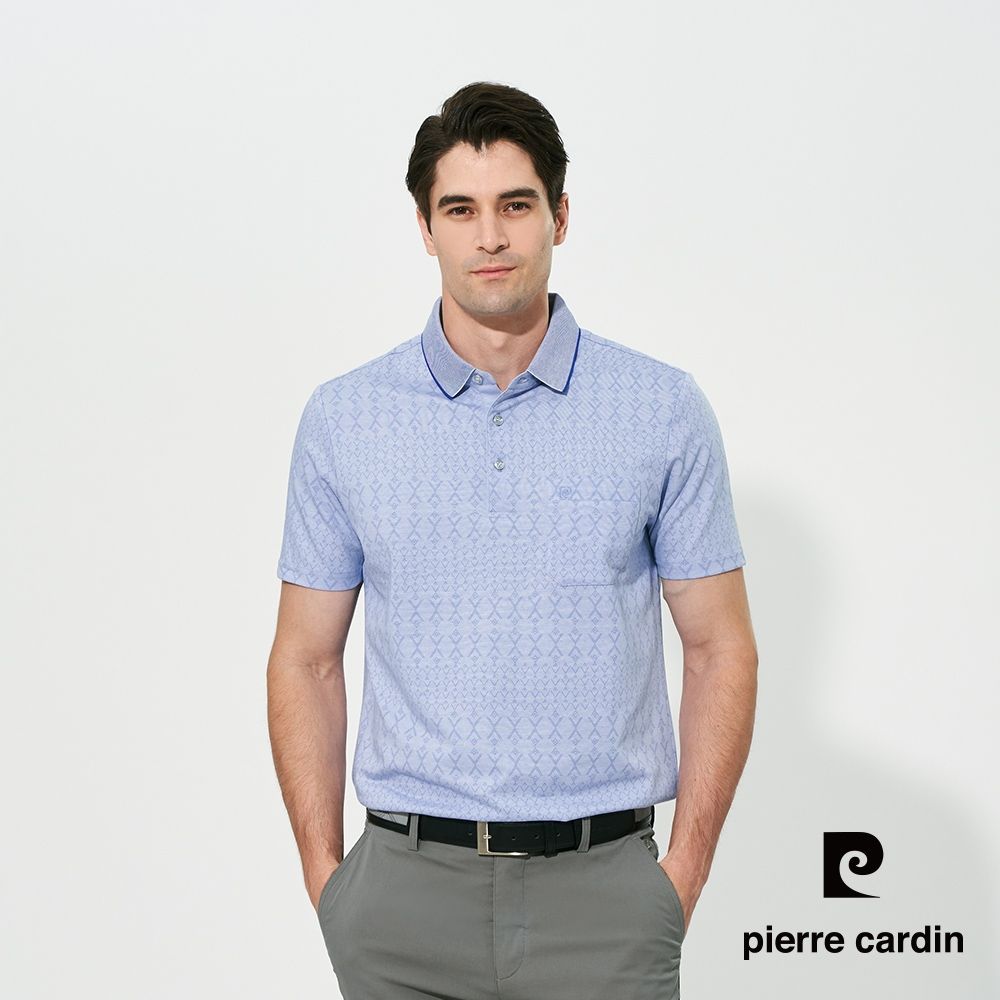 pierre cardin 皮爾卡登 男款 雙色網眼印花短袖polo衫-藍色(5257254-33)