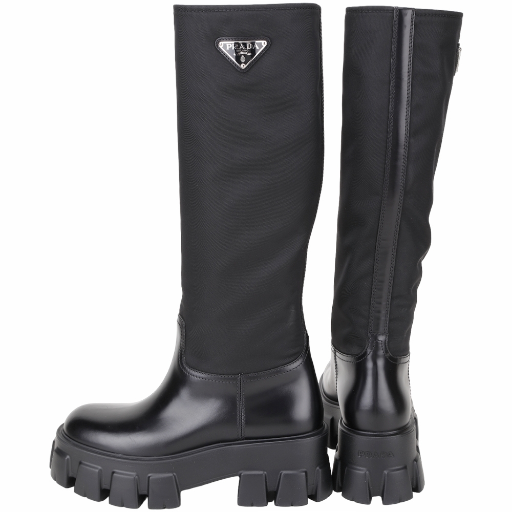 PRADA 普拉達Monolith 三角標尼龍拼接厚底長靴(黑色) | 其他配件