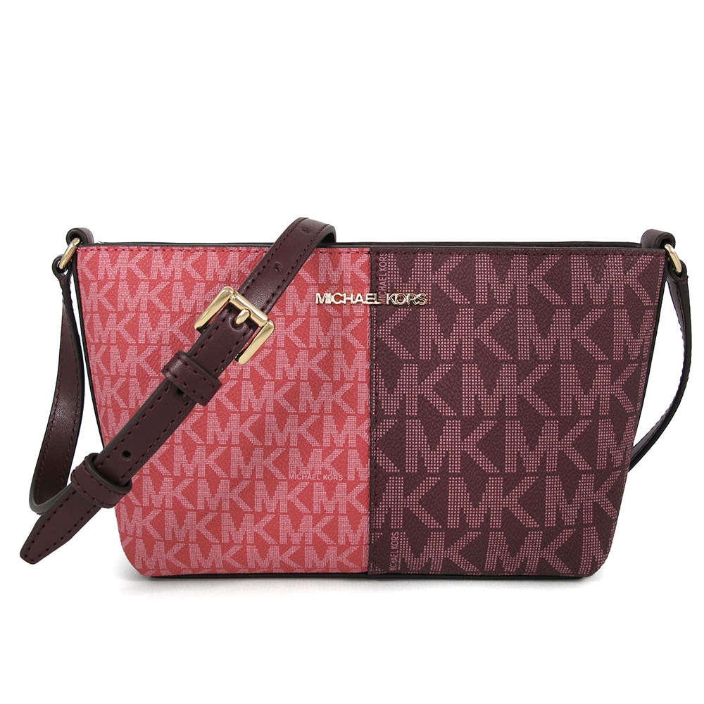 MICHAEL KORS Jet Set Item 金字防刮滿版Logo雙色船型小斜背包(酒紅雙色)