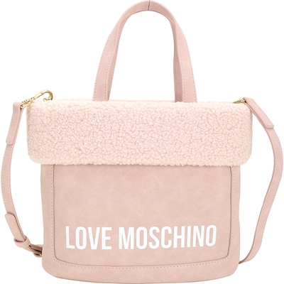 LOVE MOSCHINO 字母麂皮毛毛邊手提/斜背托特包(粉紅色)