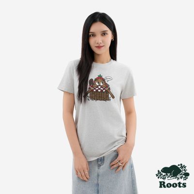 Roots 女裝- PICNIC AESTHETIC BUDDY 短袖上衣-白麻灰