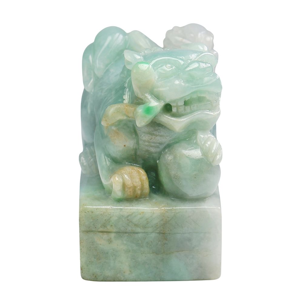 漢石齋】天然翡翠A貨大獅獅如意長方章印章冰糯種三彩(47*34*54mm) | 漢