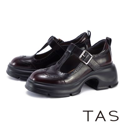 TAS 牛皮復古T字帶雕花厚底跟鞋 酒紅