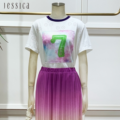 JESSICA - 休閒鏤空數字繡花短袖T恤243602（紫）