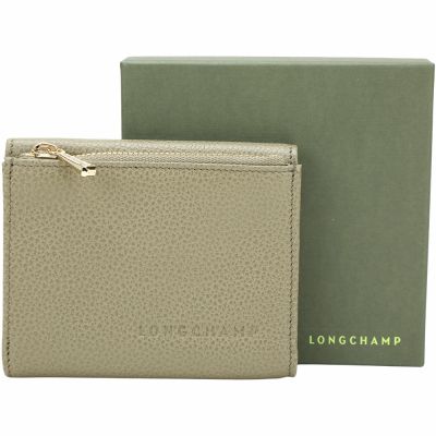 LONGCHAMP Le Foulonne 字母荔紋牛皮三折短夾(地衣綠)