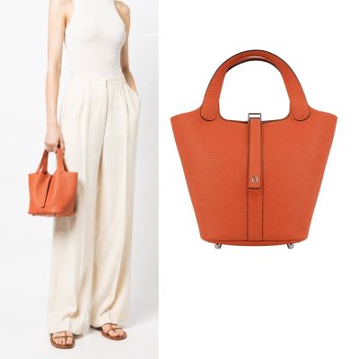Hermes 愛馬仕 Picotin Lock 18CM G刻 T/C 牛皮桶包(5K橘/銀釦)