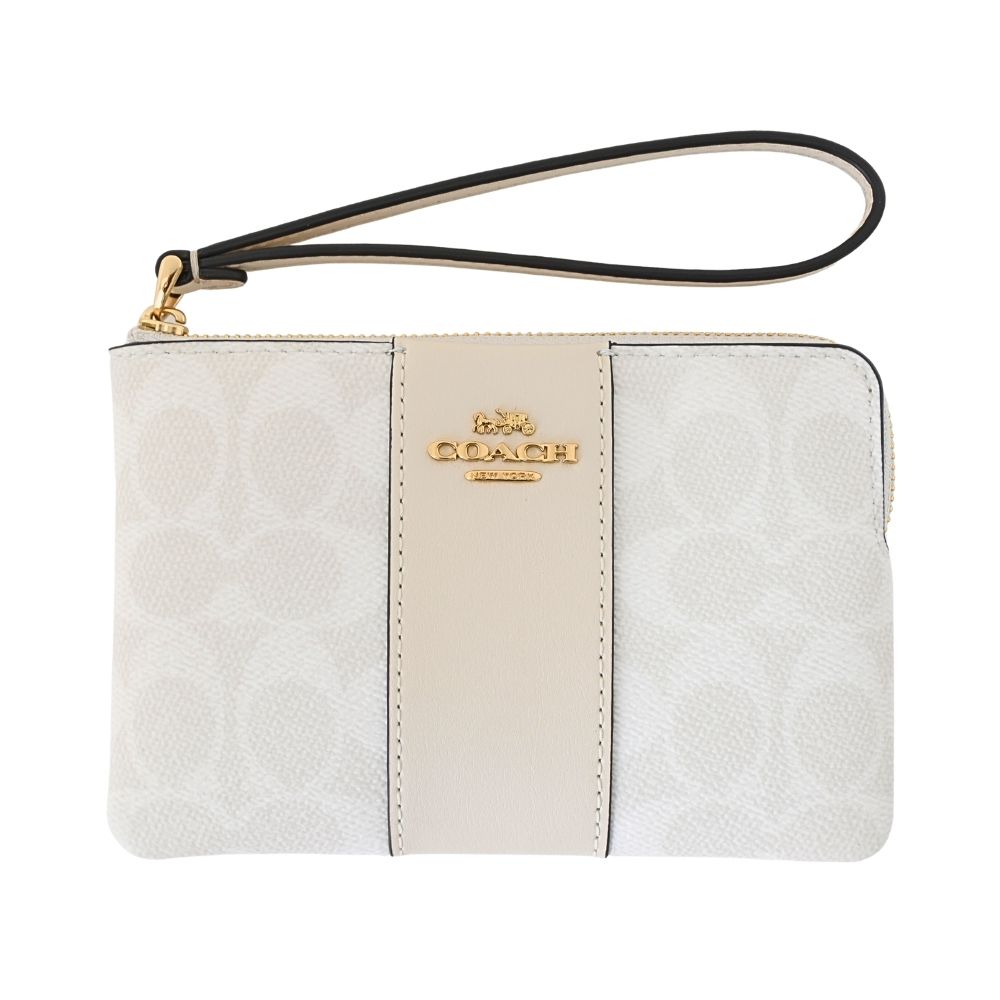COACH C Logo PVC拼接皮革掛帶L型拉鍊萬用手拿包(白/粉筆白)
