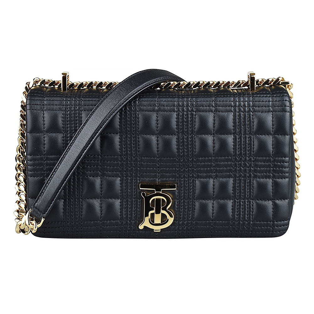 BURBERRY 巴寶莉  LOLA金字LOGO格紋設計羔羊皮磁扣式鏈帶斜背包(小/黑)